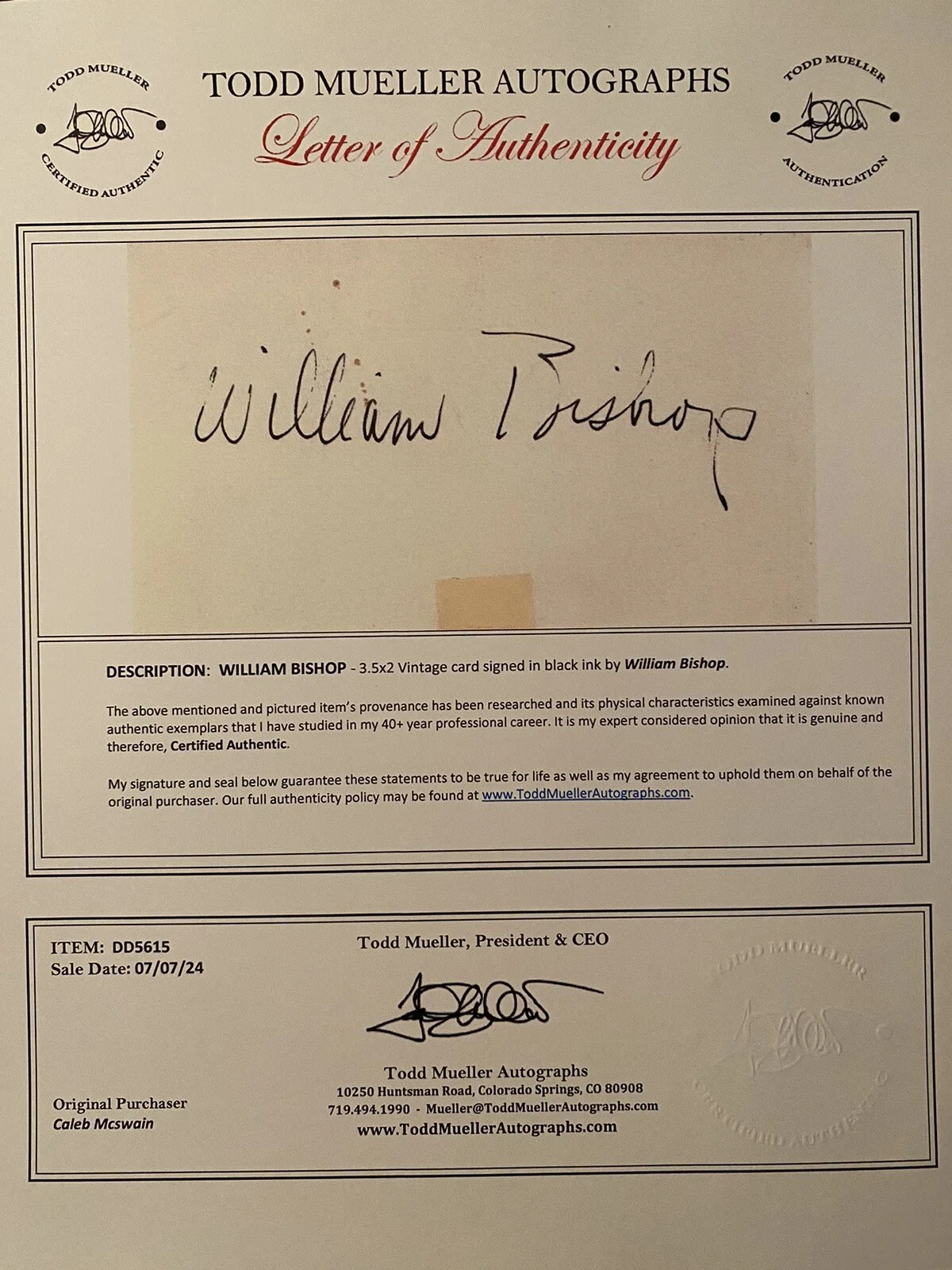 William Bishop — William Bishop Signed Autographed Card With COA Cry Havoc Thin Man Lorna Doone, image 3