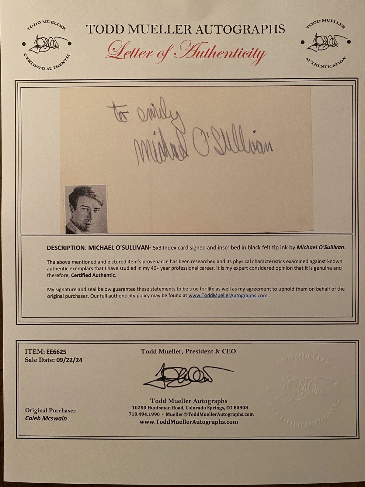 Michael O’Sullivan — Michael O’Sullivan Signed Card With COA Hang Em High The Story Of Superman, изображение 3