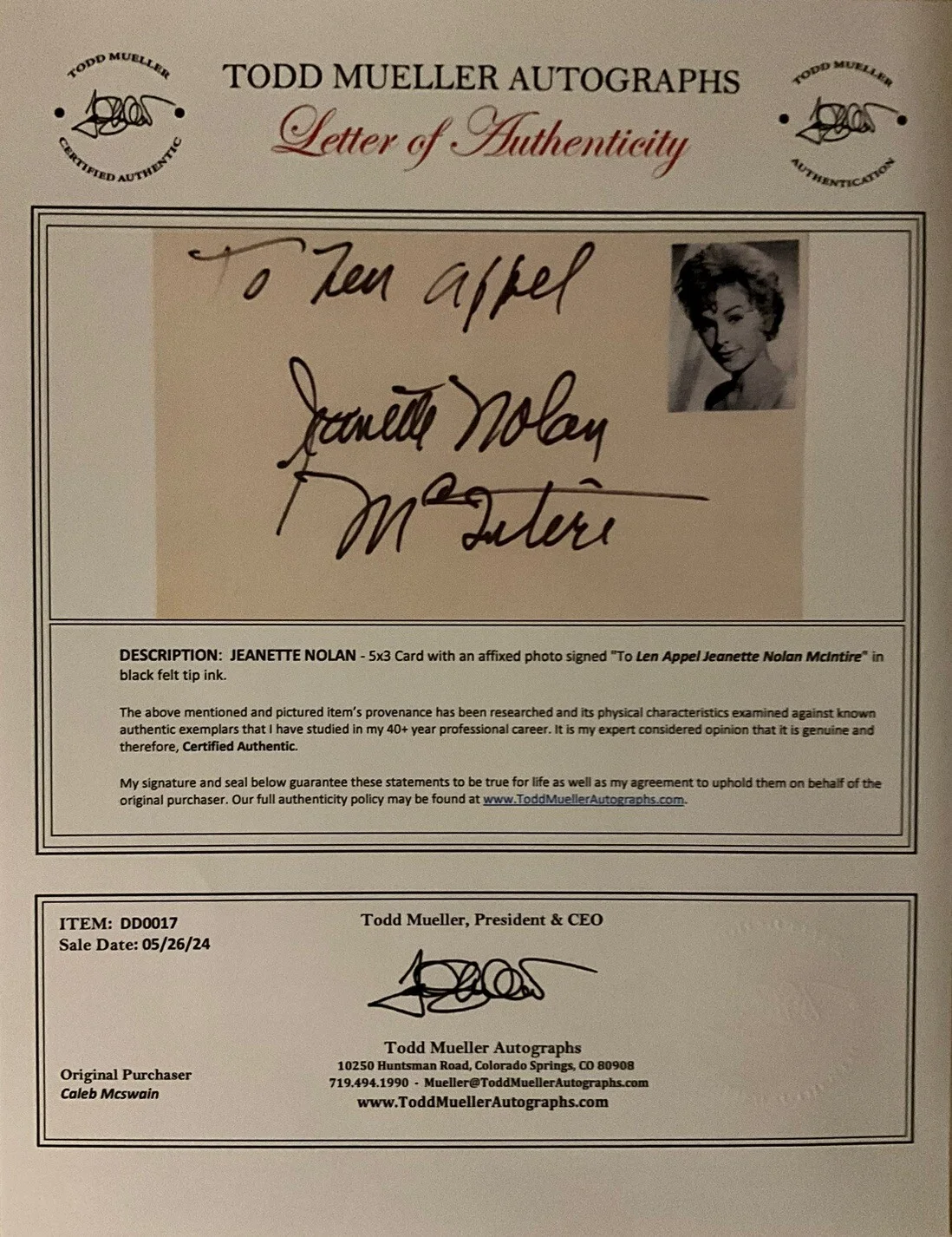 Jeanette Nolan — Jeanette Nolan Signed Autographed Card With COA Twilight Zone The Virginian, изображение 3