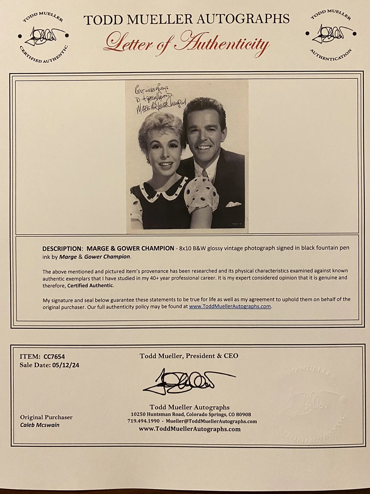 Marge Champion, Gower Champion — Marge And Gower Champion Signed Autographed Photo With COA LOA, изображение 4