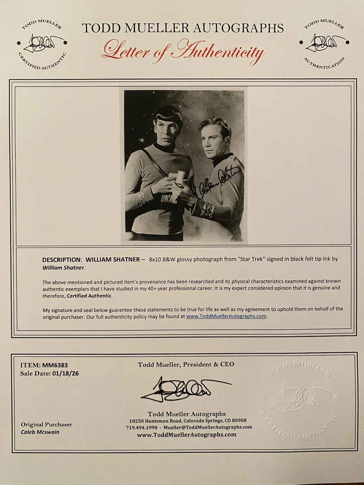 William Shatner — William Shatner Signed Autographed Star Trek 8x10 Photo With Spock With COA, image 4