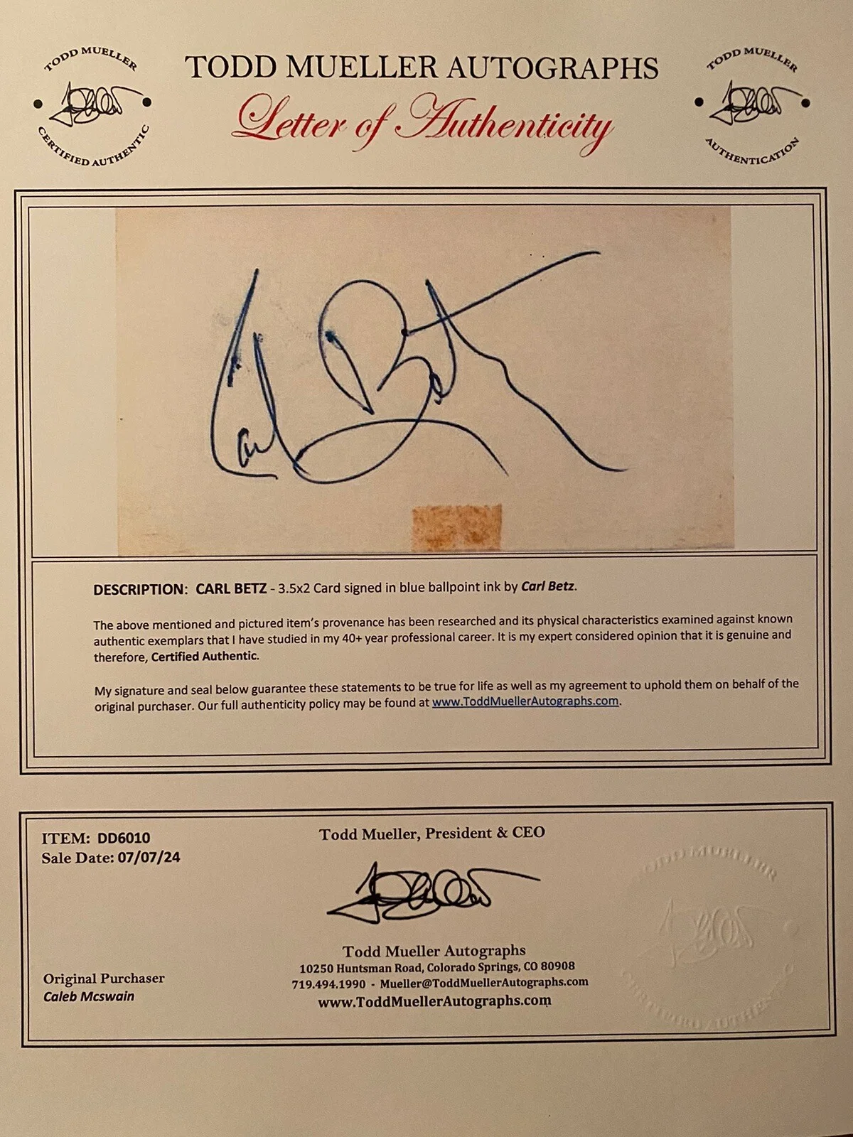 Carl Betz — Carl Betz Signed Autographed Card with COA Donna Reed Show Judd For The Defense, изображение 3