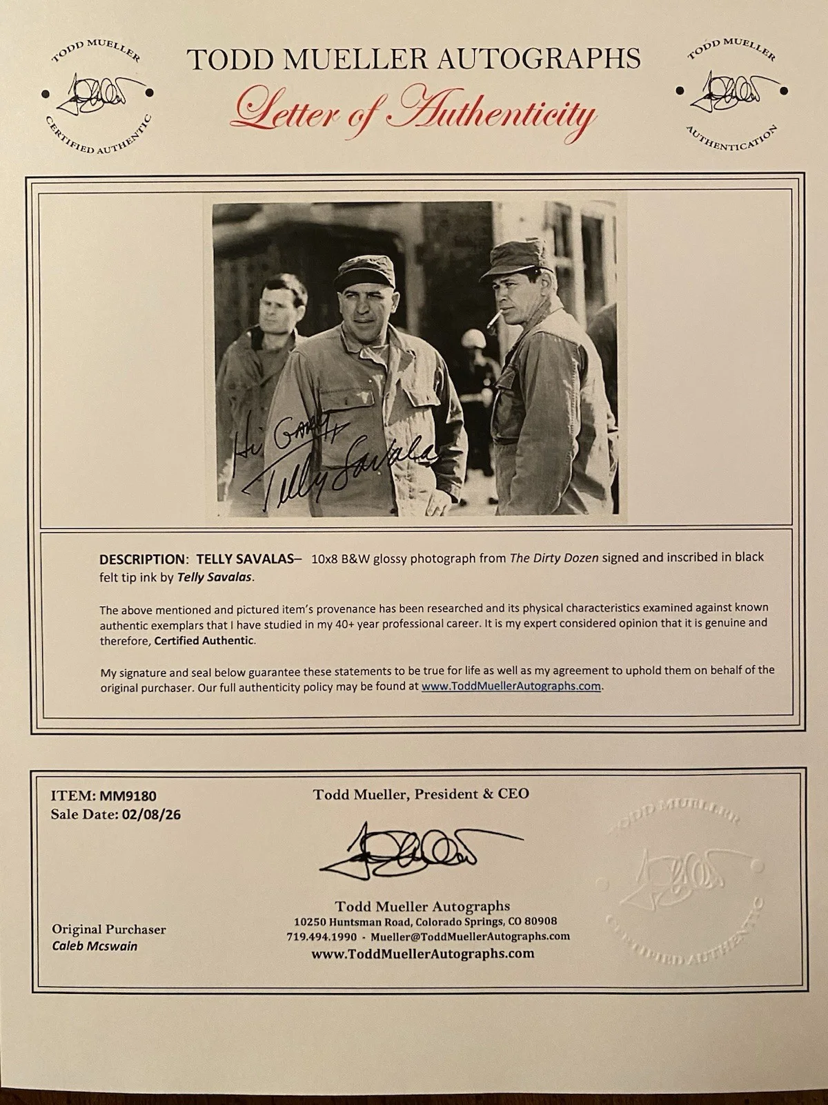 Telly Savalas — Telly Savalas Signed Autographed Photo With COA The Dirty Dozen RARE, изображение 4