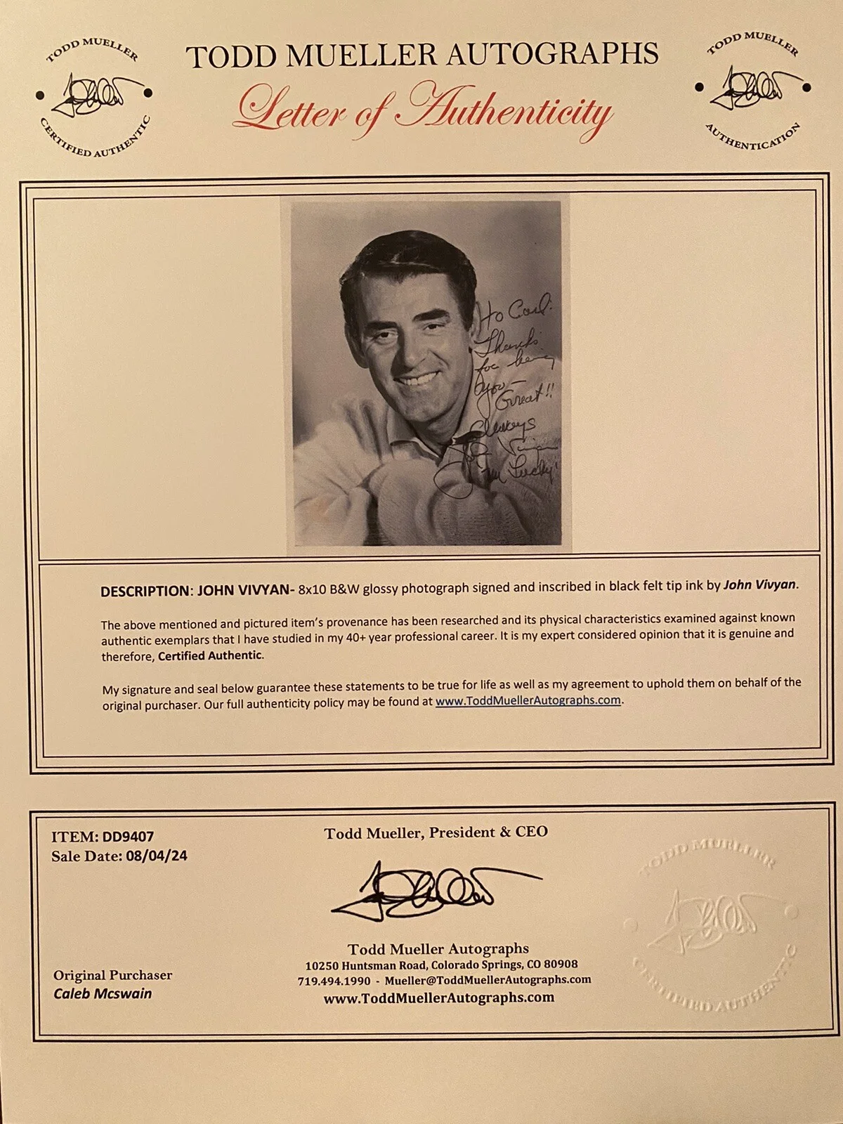 John Vivyan — John Vivyan Signed Autographed Photo With COA Mr Lucky Adventures Of Superman, изображение 3