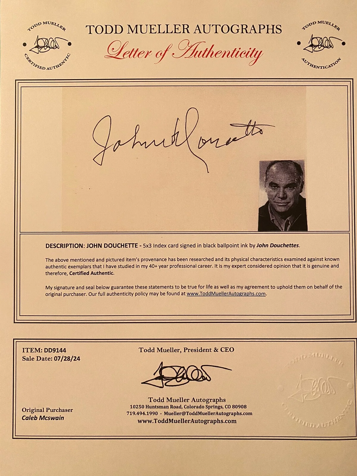 John Doucette — John Doucette Signed Autographed Card With COA True Grit Cleopatra Patton, image 3