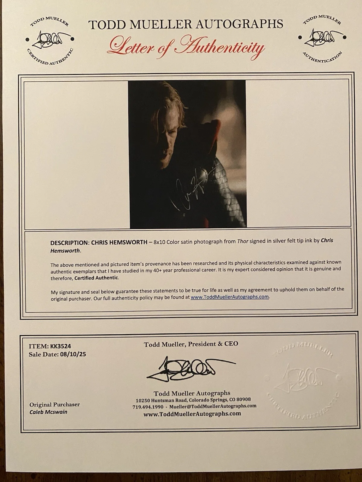 Chris Hemsworth — Chris Hemsworth Signed Autographed Photo With COA Thor Marvel, image 4