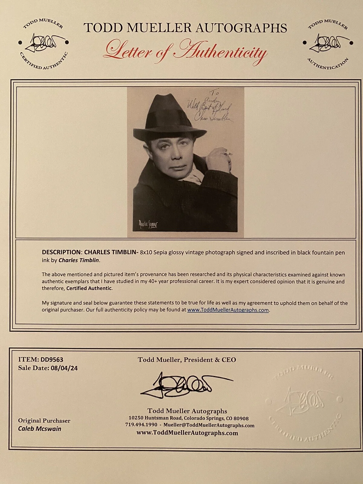 Charles Timblin, Slim Timblin — Charles Slim Timblin Signed Autographed Photo w/ COA Revival Day Mountain Music, изображение 3