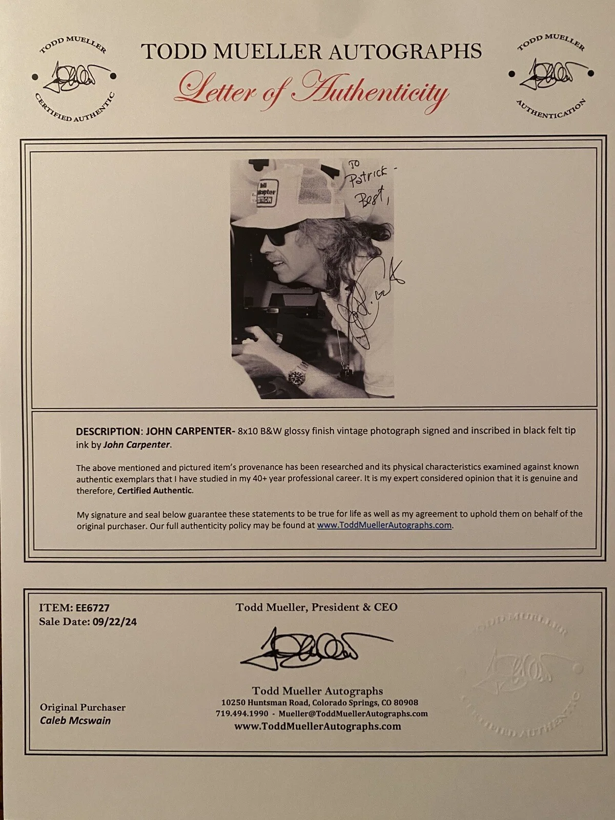 John Carpenter — John Carpenter Signed Autographed Photo With COA Escape From New York Halloween, изображение 3