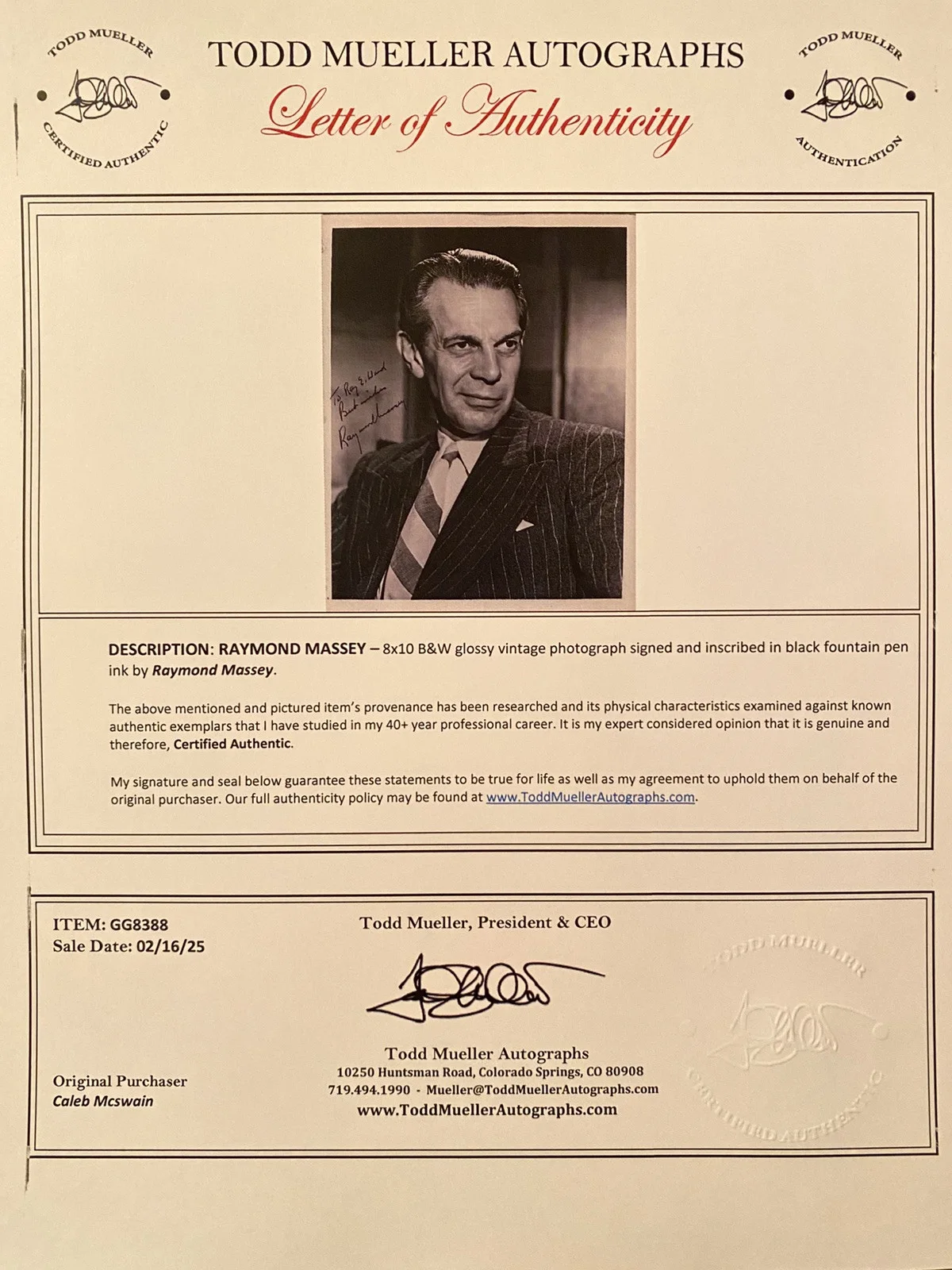Raymond Massey — Raymond Massey Signed Autographed Photo With COA Arsenic And Old Lace Dr Kildare, изображение 5