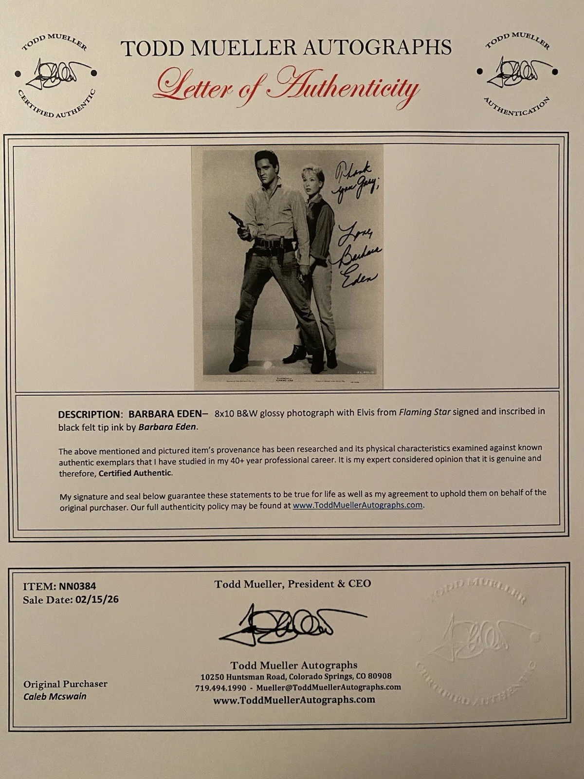 Barbara Eden — Barbara Eden Signed Autographed Photo With Elvis With COA Flaming Star, изображение 4