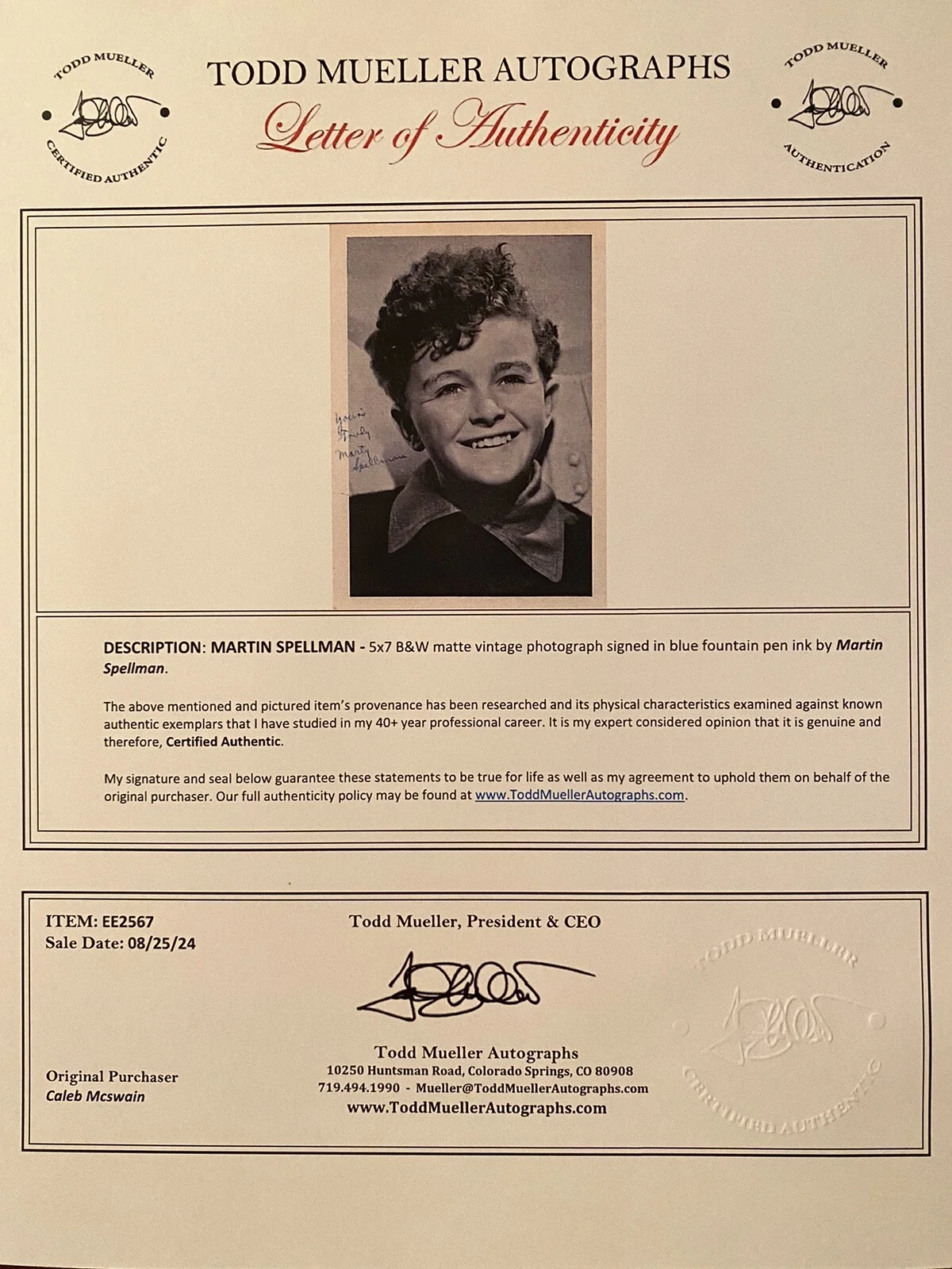 Martin Spellman — Martin Spellman Signed Autographed Photo With COA Boys Town Beau Geste, изображение 3