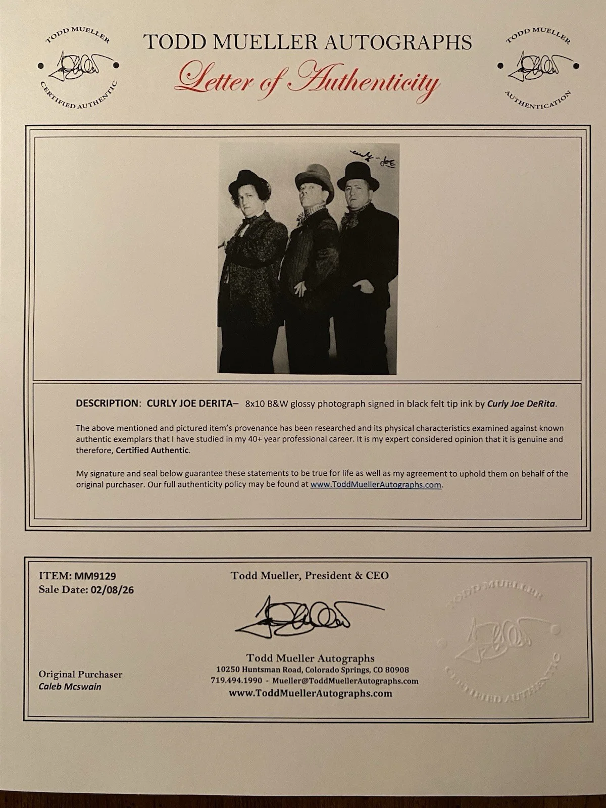 Curly Joe, Curly Joe Derita — Curly Joe Derita Signed Autographed 8x10 Photo The Three Stooges With COA, image 4