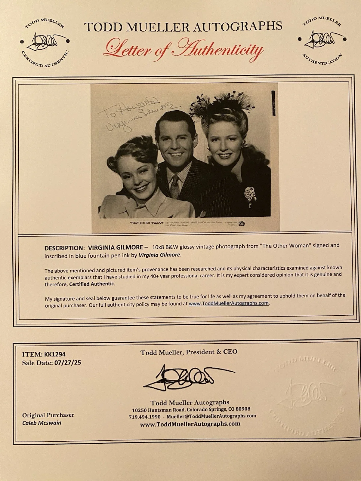 Virginia Gilmore — Virginia Gilmore Signed Autographed Vintage 10x8 Photo With COA That Other Woman, image 4