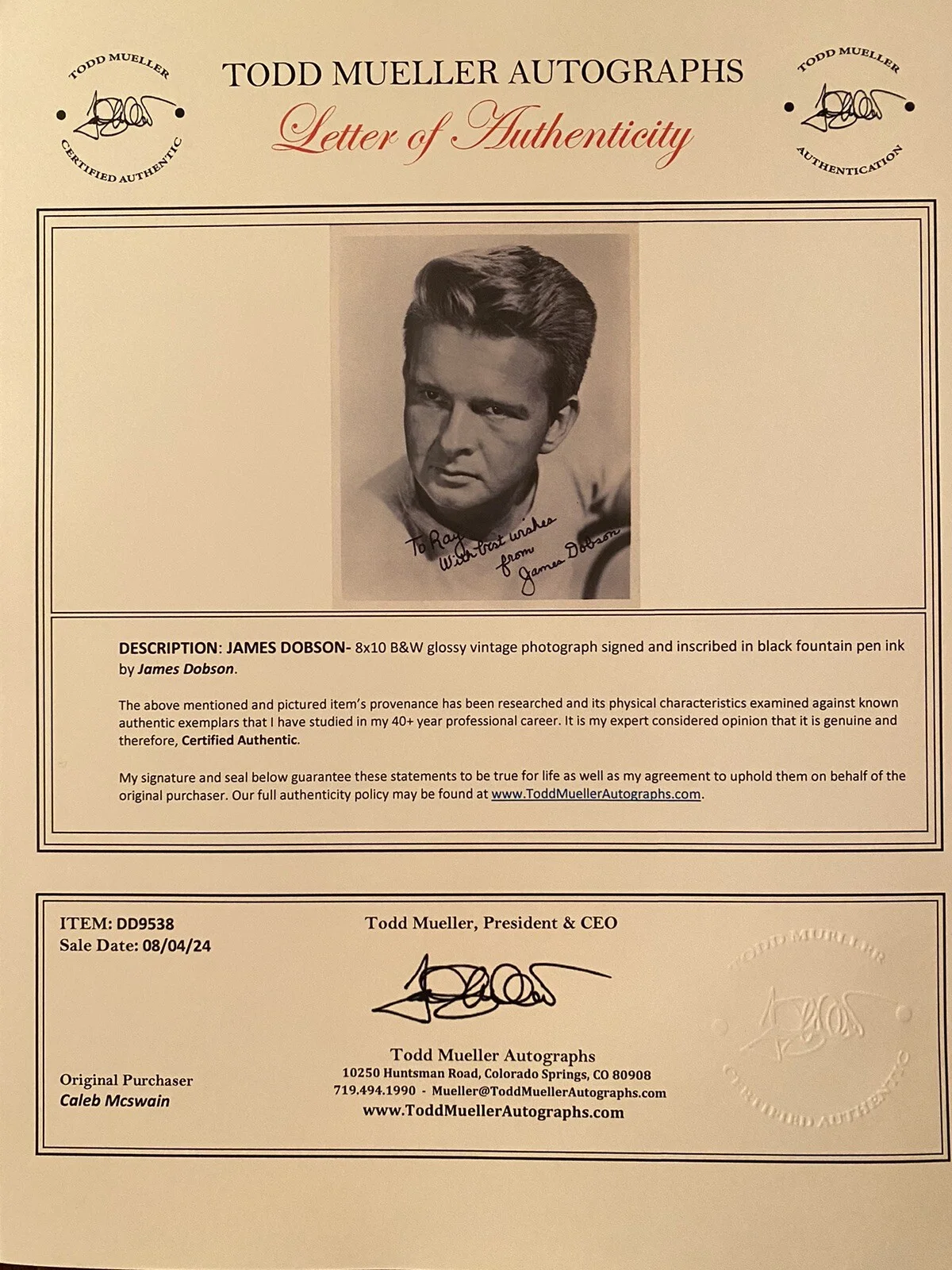 James Dobson — James Dobson Signed Autographed Photo With COA Actor The Undefeated Etc, изображение 3