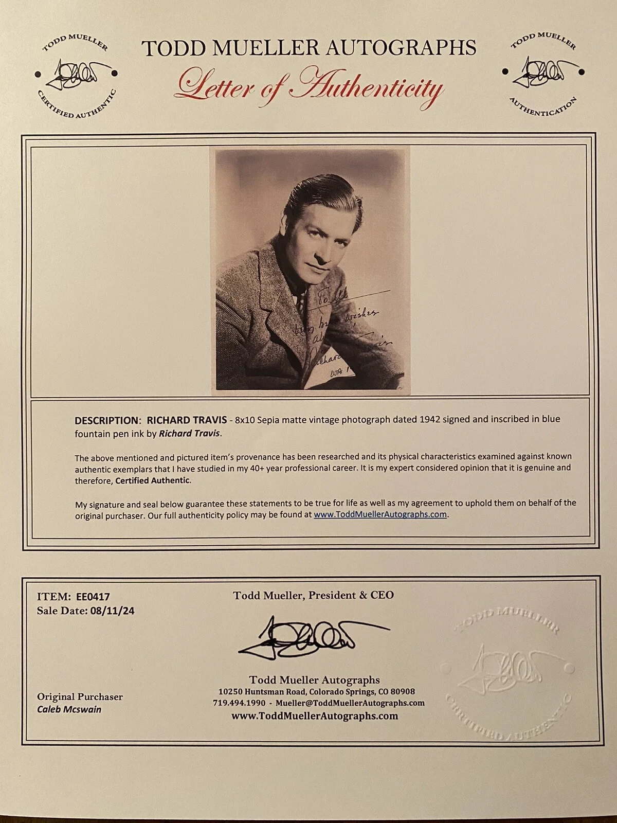 Richard Travis — Richard Travis Signed Autographed Photo With COA Code 3 Lone Ranger Wyatt Earp, image 4