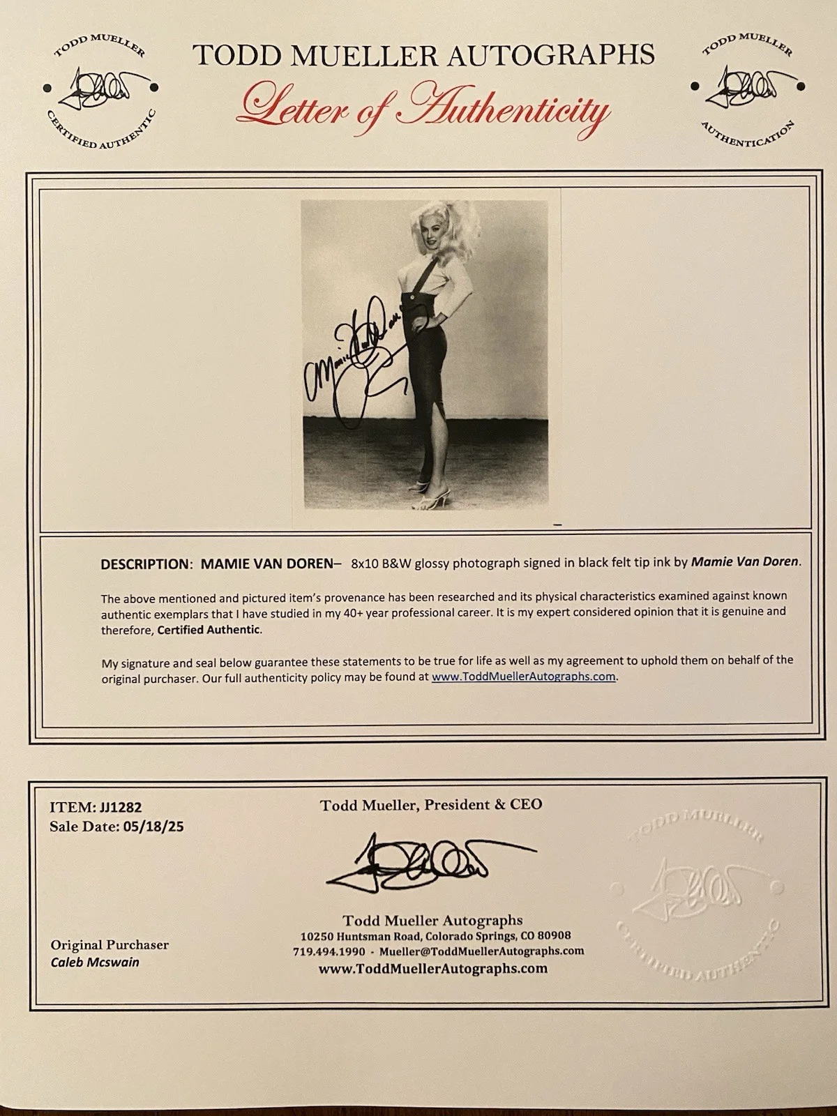 Mamie Van Doren — Mamie Van Doren Signed Autographed Photo With COA Teachers Pet Born Reckless Etc, image 4