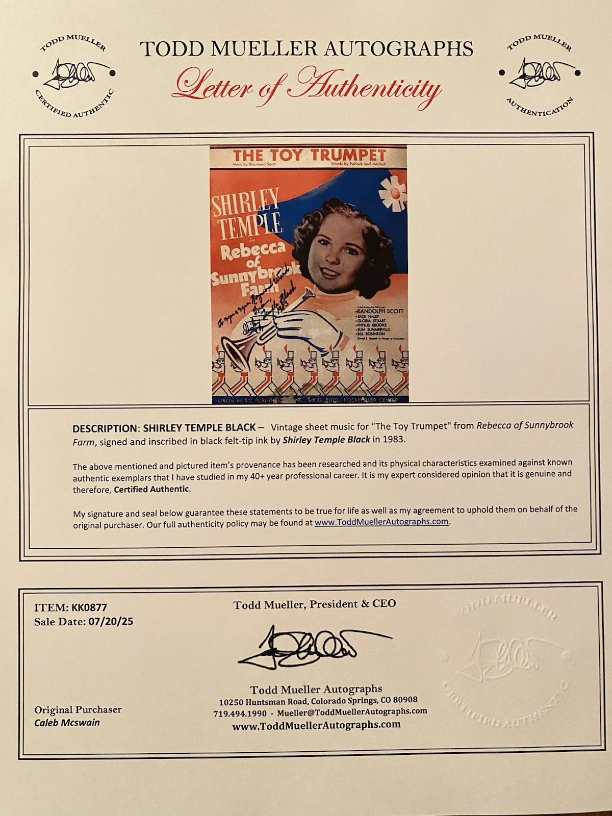 Shirley Temple — Shirley Temple Signed Autographed Sheet Music Rebecca Of Sunnybrook Farm w/ COA, изображение 4