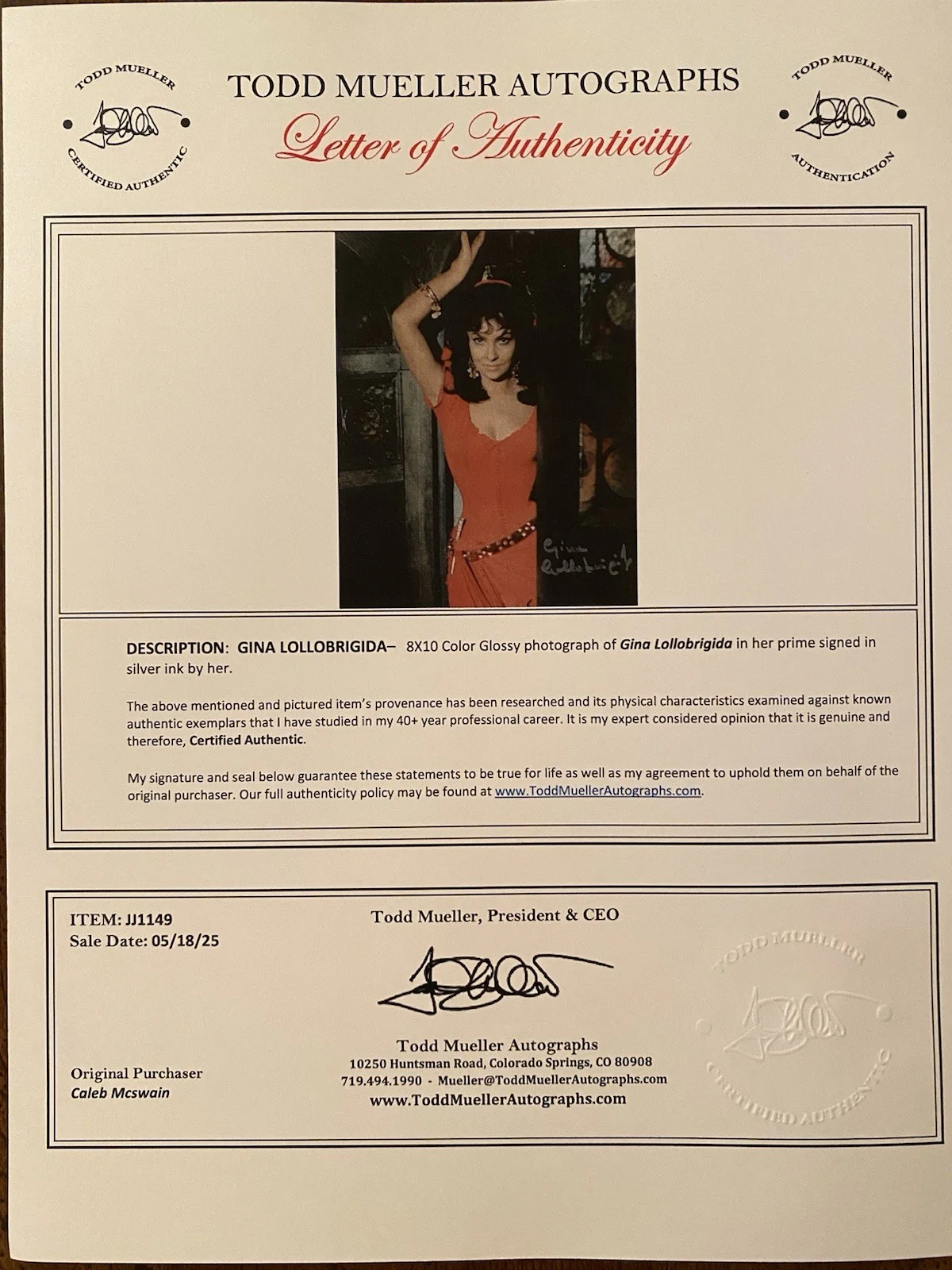 Gina Lollobrigida — Gina Lollobrigida Signed Autographed Photo With COA Hunchback Of Notre Dame Etc, изображение 4