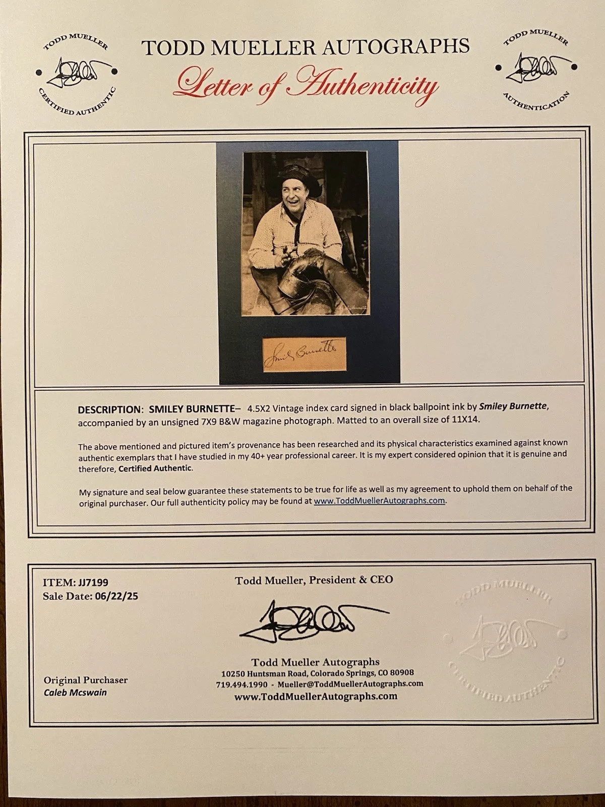 Smiley Burnette — Smiley Burnette Signed Autographed Matted Photo Index w/ COA Petticoat Junction, изображение 5