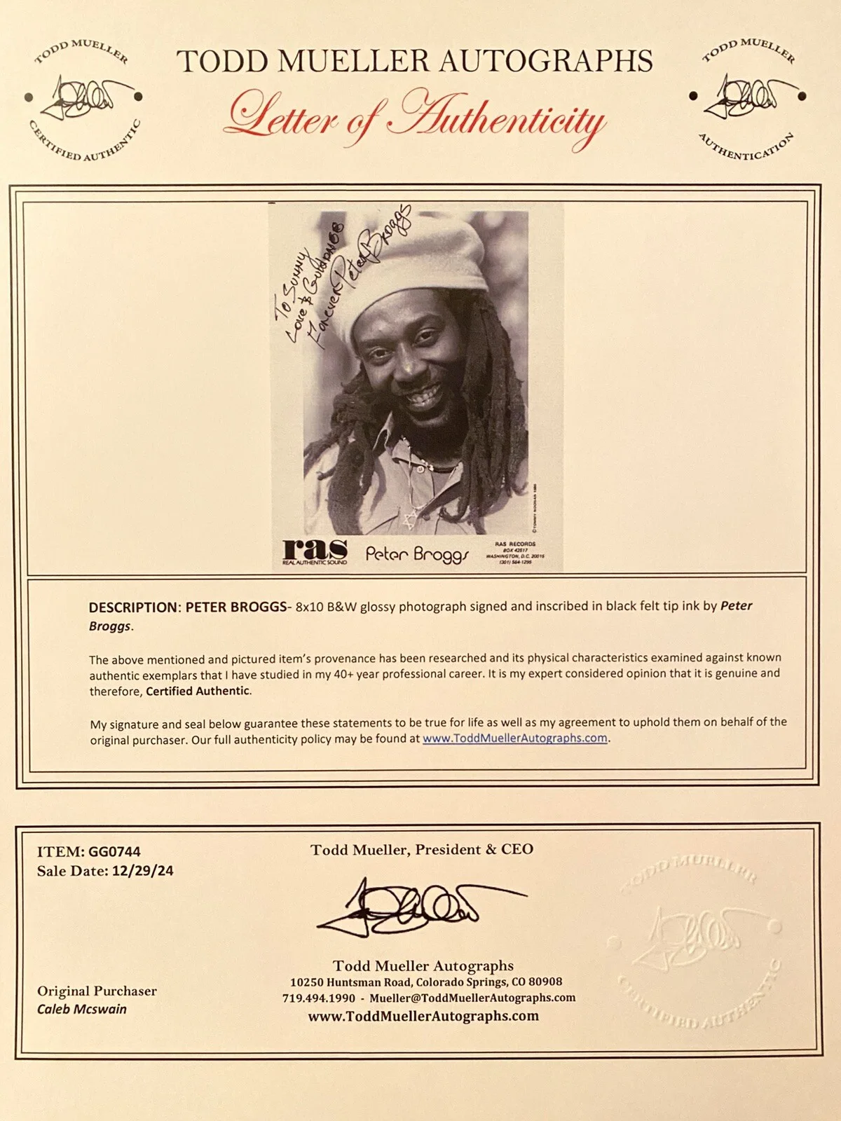 Peter Broggs Signed Autographed Photo With COA Reggae Singer Songwriter, image 3
