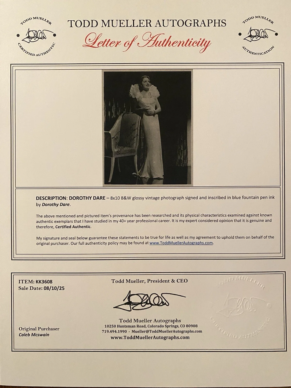 Dorothy Dare — Dorothy Dare Signed Autographed Photo With COA The St Louis Kid Gold Diggers Etc, изображение 4
