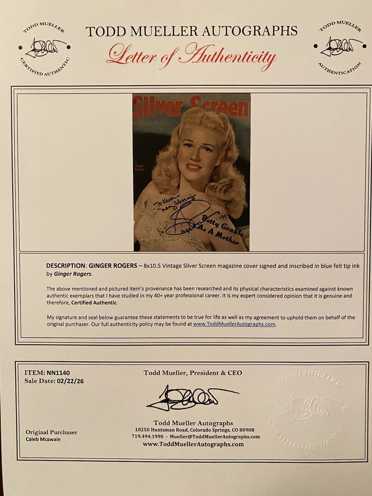 Ginger Rogers — Ginger Rogers Signed Autographed Vintage Silver Screen Magazine With COA, image 5