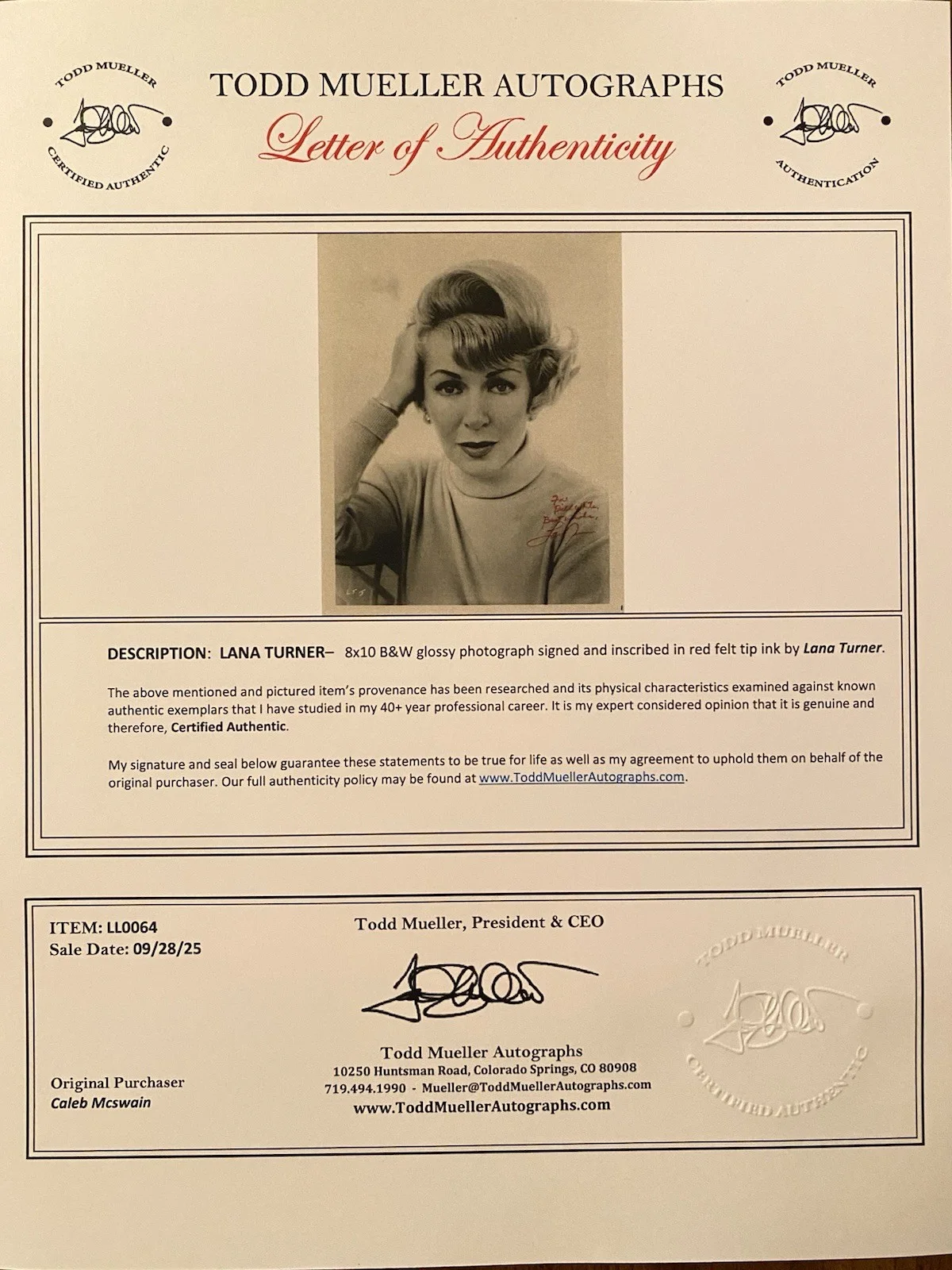 Lana Turner — Lana Turner Signed Autographed Photo With COA Imitation Of Life Peyton Place, изображение 4