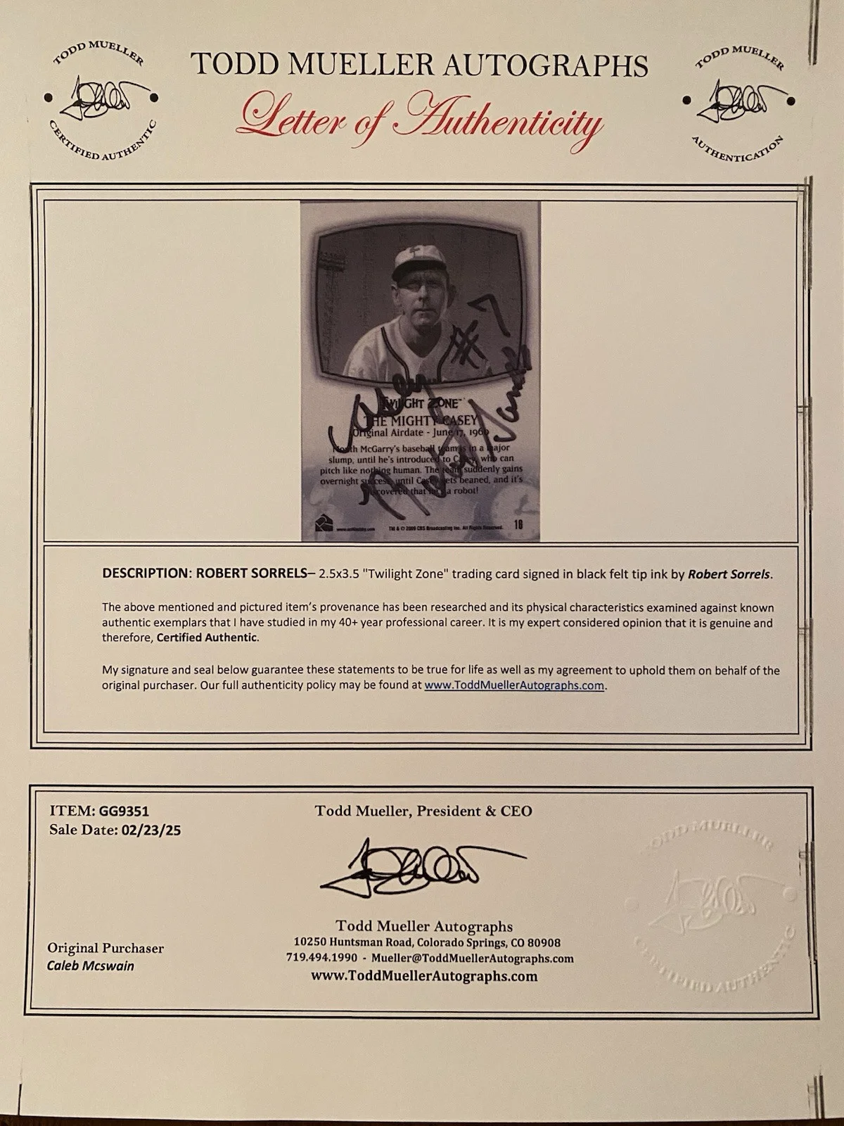 Robert Sorrells — Robert Sorrells Signed Autographed The Twilight Zone Card With COA Casey #7, image 3