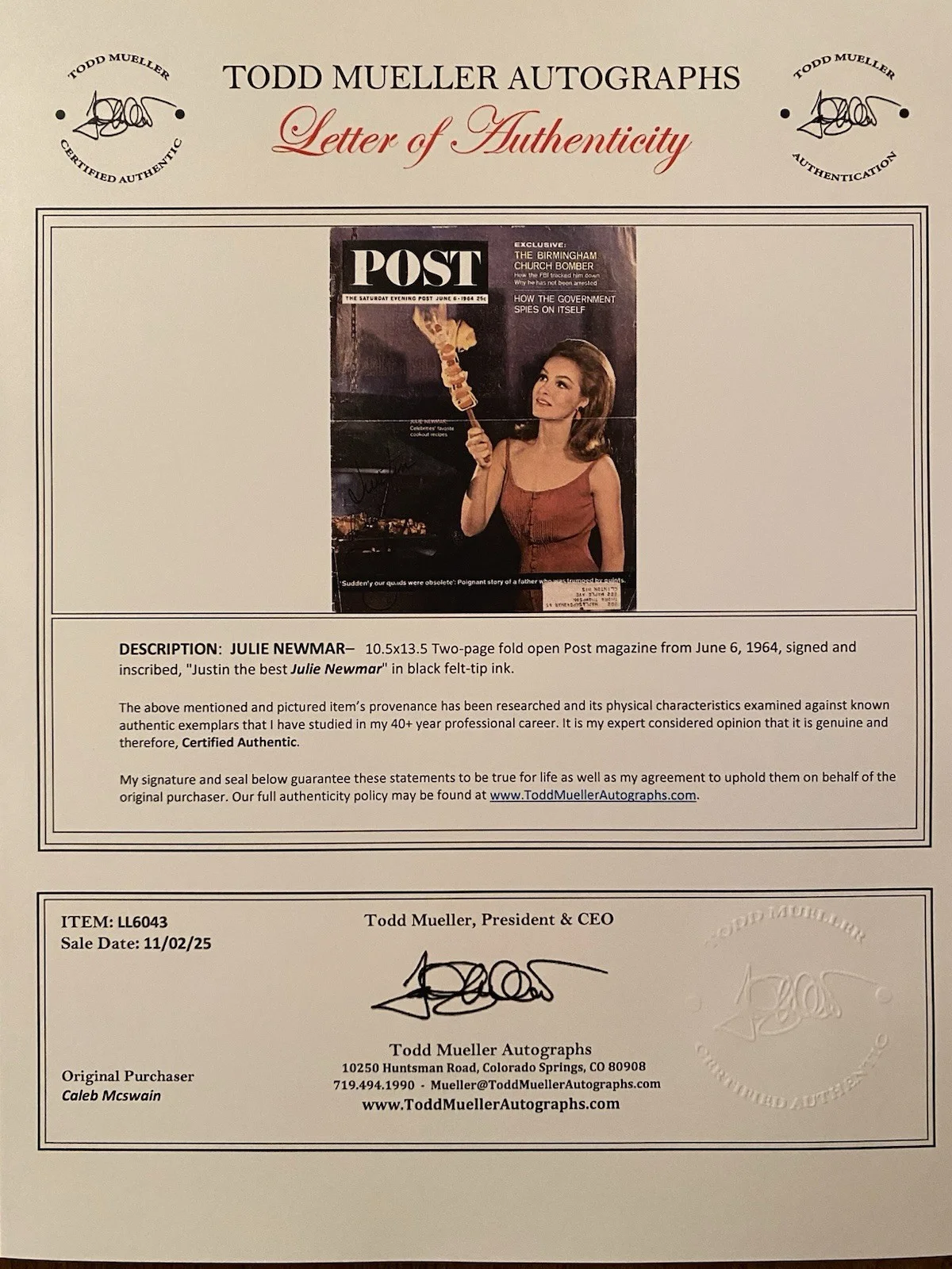Julie Newmar — Julie Newmar Signed Autographed Vintage Saturday Evening Post With COA Batman 66, изображение 4