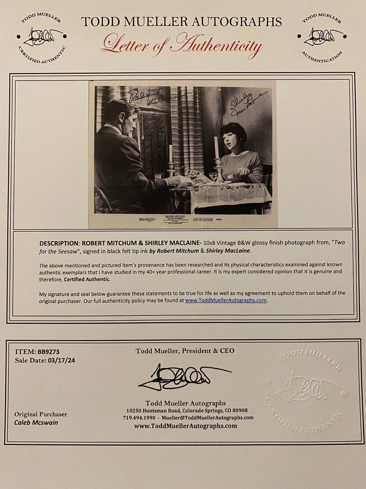 Robert Mitchum, Shirley MacLaine — Robert Mitchum Shirley MacLaine Signed Autographed Photo Two For The Seesaw COA, image 4