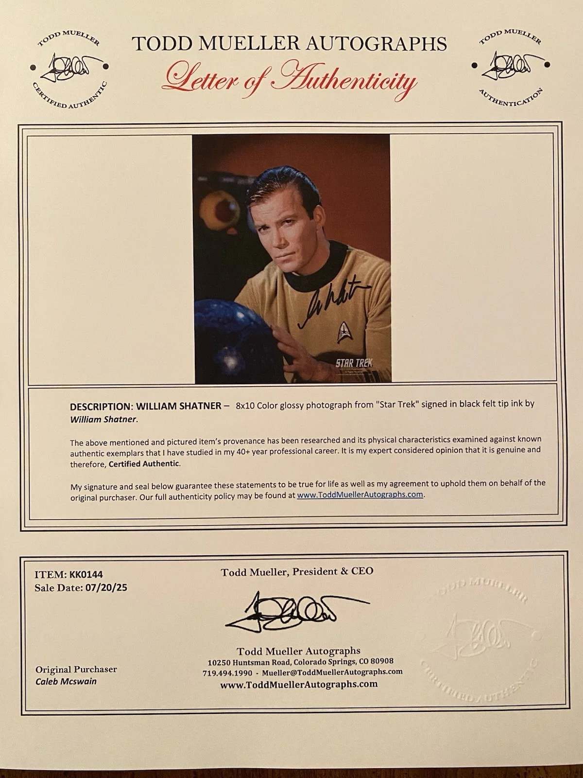 William Shatner — William Shatner Captain Kirk Signed Autographed Photo With COA Star Trek TOS, image 4