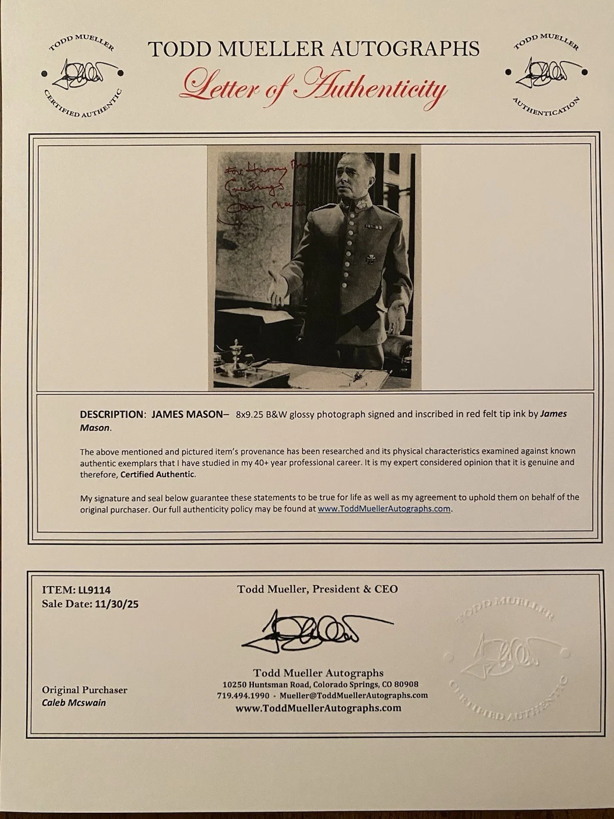 James Mason — James Mason Signed Autographed Photo With COA The Blue Max The Desert Fox, изображение 4
