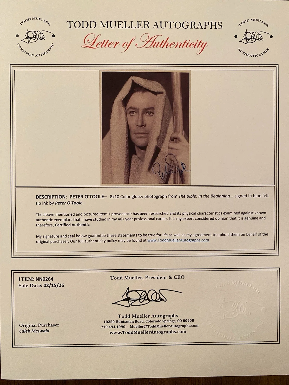 Peter O’Toole — Peter O’Toole Signed Autographed Photo With COA The Bible In The Beginning RARE, image 4