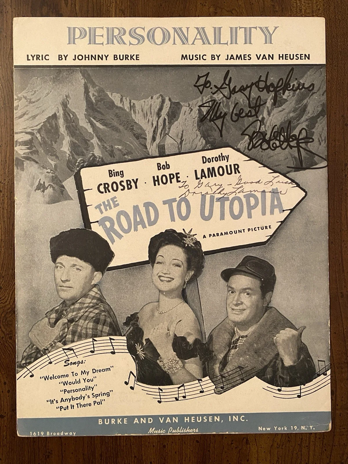 Dorothy Lamour, Bob Hope — Bob Hope Dorothy Lamour Signed Autographed Sheet Music With COA Road To Utopia