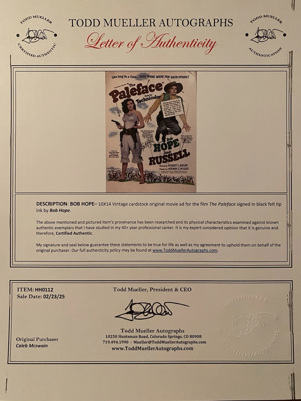 Bob Hope — Bob Hope Signed Autographed Vintage Movie Ad The Paleface With COA RARE, image 4