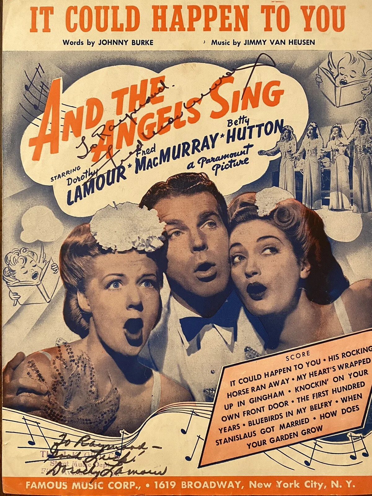 Fred MacMurray, Dorothy Lamour — Dorothy Lamour Fred Macmurray Signed Autographed with COA And The Angels Sang