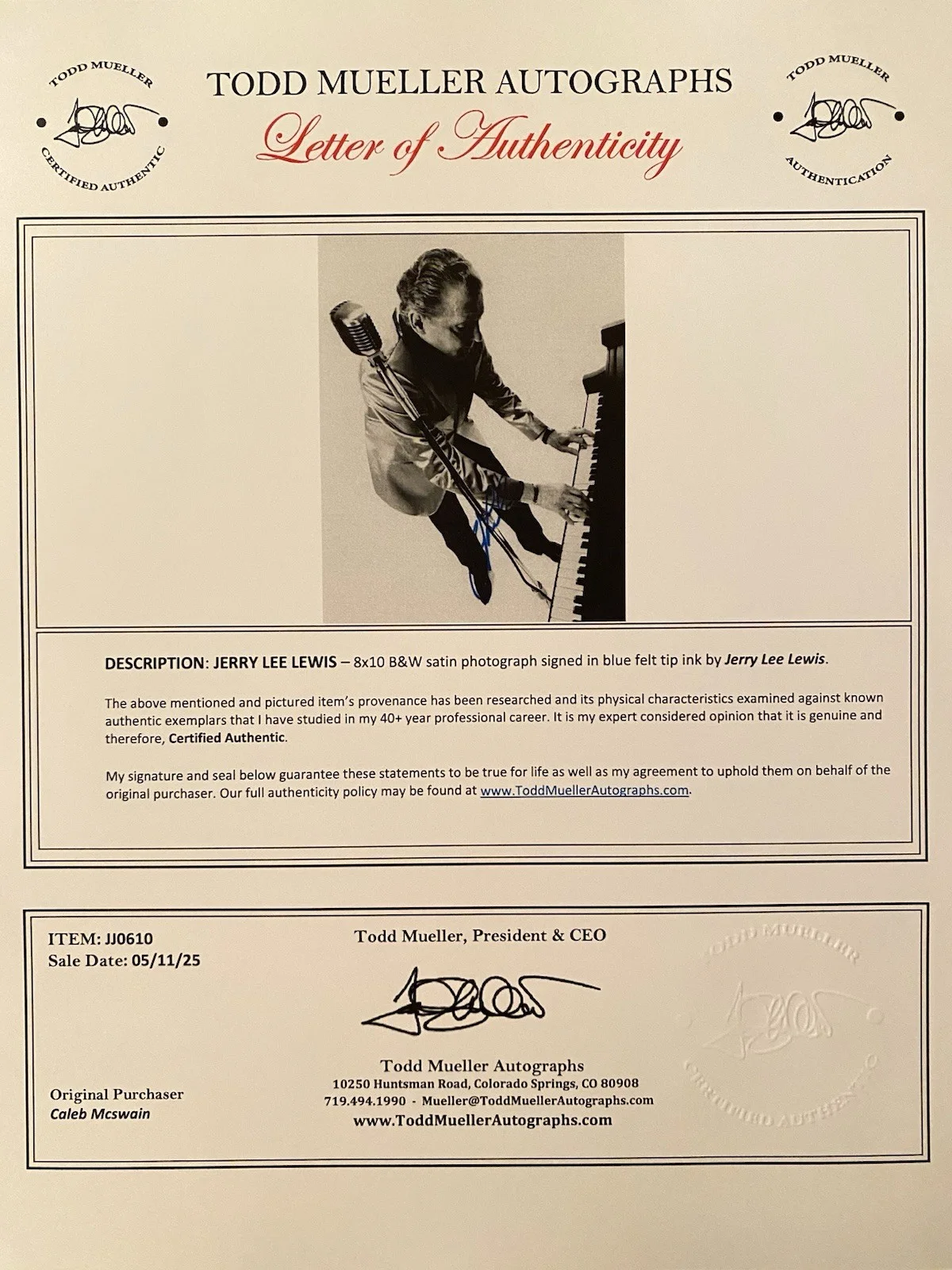 Jerry Lee Lewis Signed Autographed Photo With COA Singer Rock N Roll, изображение 4
