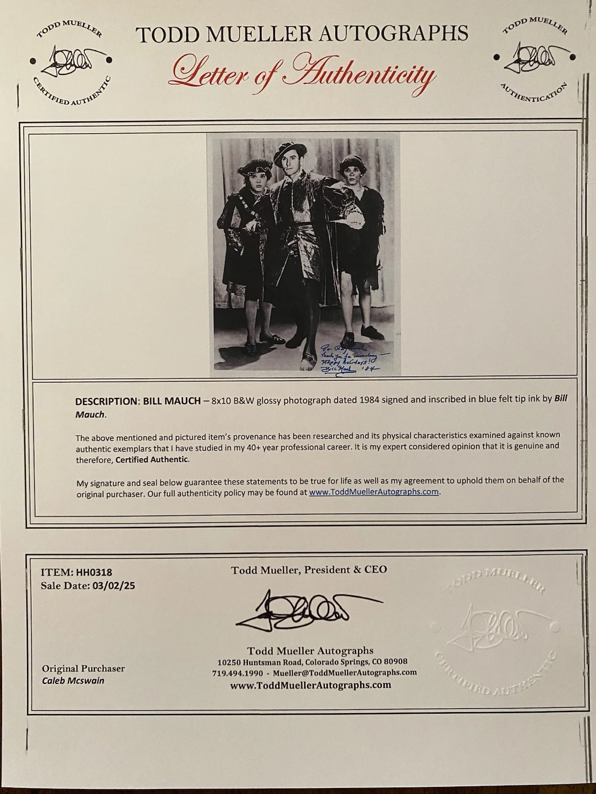 Bill Mauch, Billy Mauch — Bill Billy Mauch Signed Autographed Photo With COA The Prince And The Pauper, изображение 4