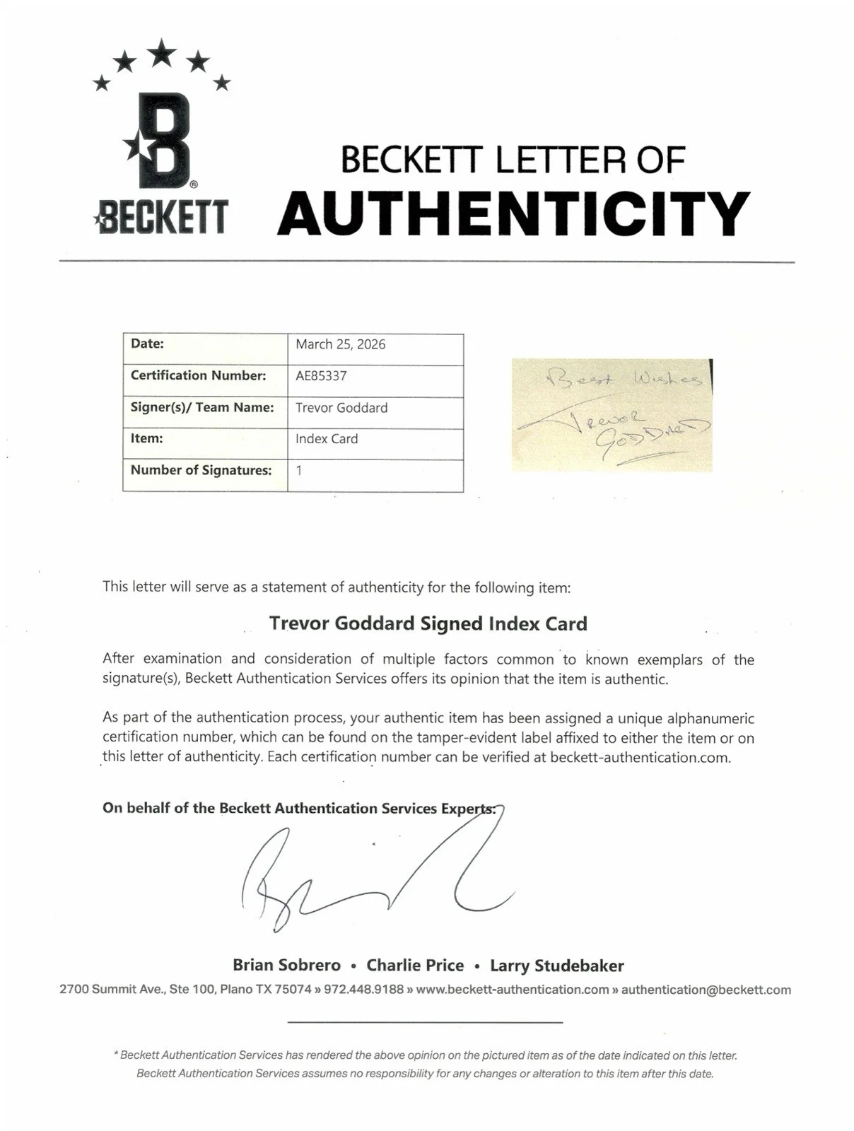Trevor Goddard Signed Autographed 3x5 Card Beckett BAS Letter JAG Mortal Kombat, изображение 3