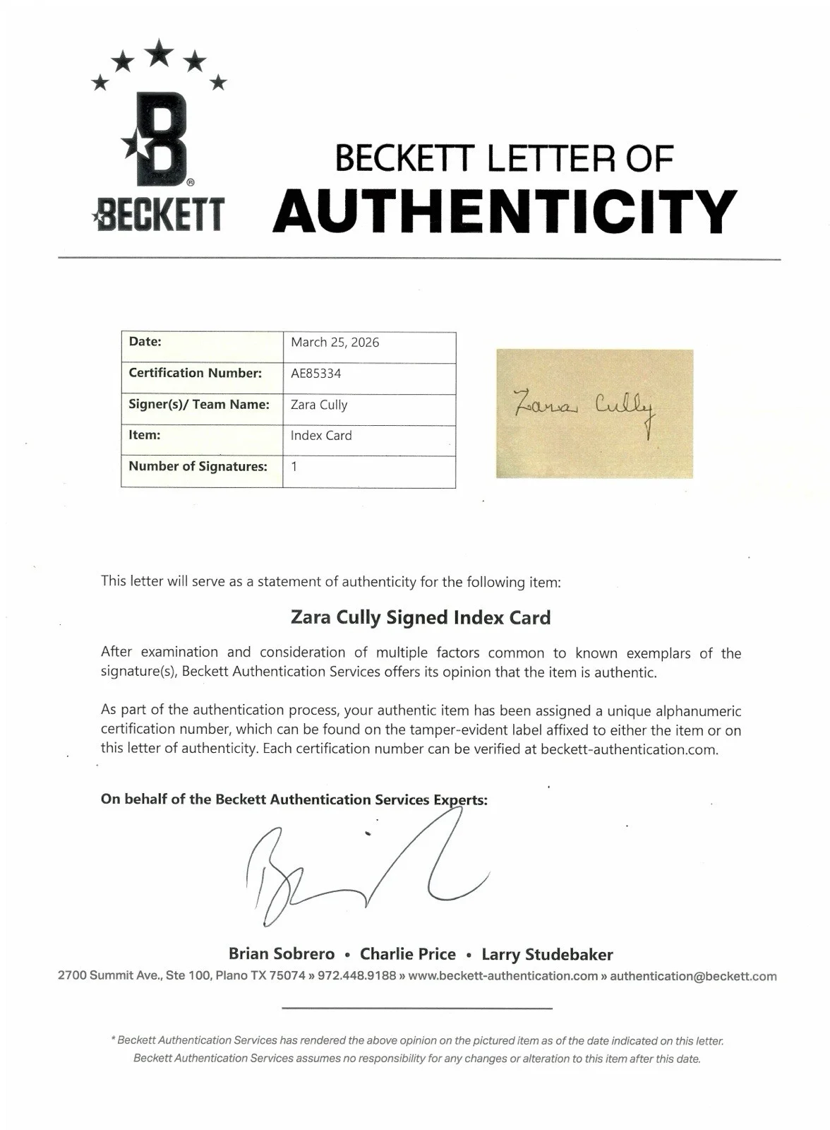 Zara Cully Signed Autographed 3x5 Card Beckett BAS Jeffersons All In The Family, изображение 3