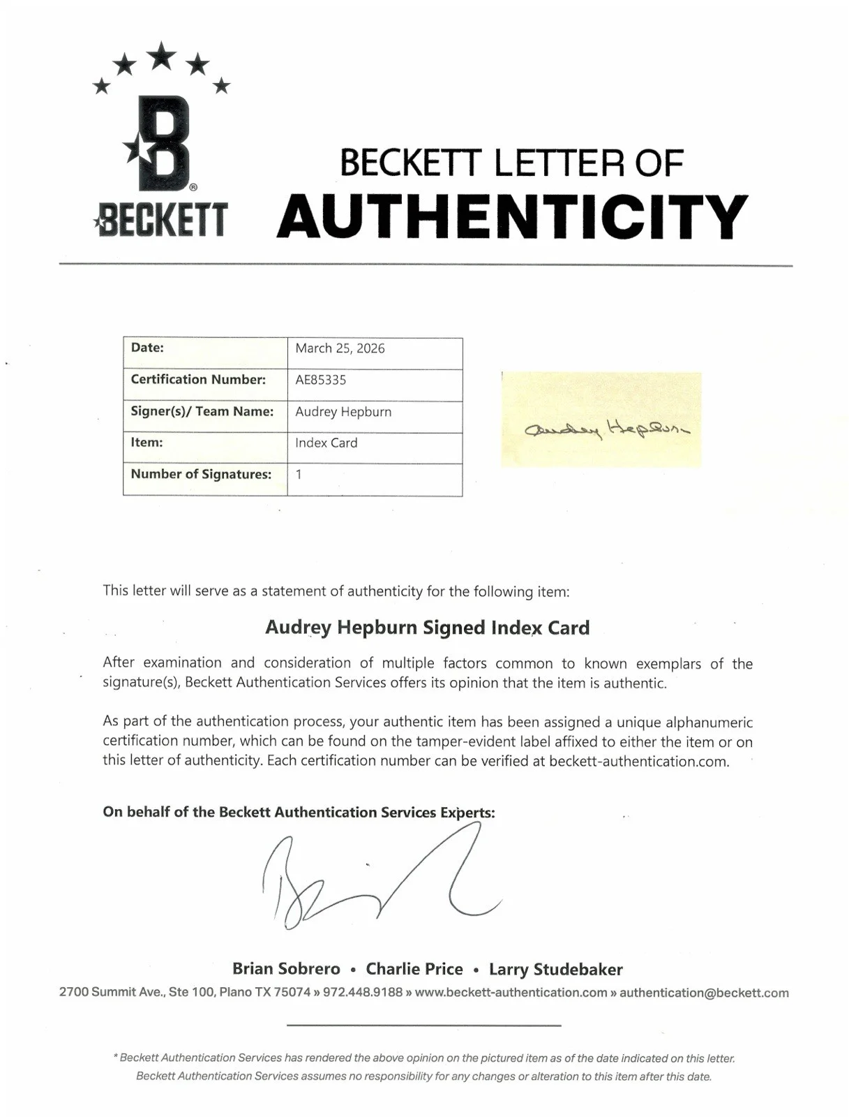 Audrey Hepburn Signed Autographed 3x5 Card Beckett BAS Breakfast At Tiffany’s, изображение 3