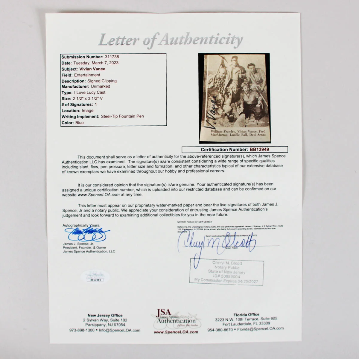 Vivian Vance Signed Photo I Love Lucy - COA JSA, image 4