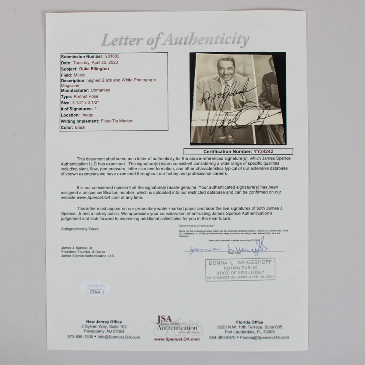 Duke Ellington Signed Photo - COA JSA, image 4