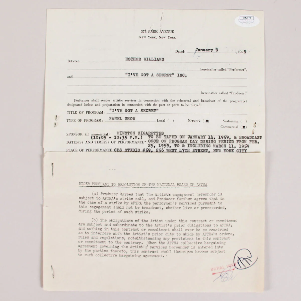 Esther Williams Signed Contract "I've Got a Secret" Television Show - COA JSA, изображение 3