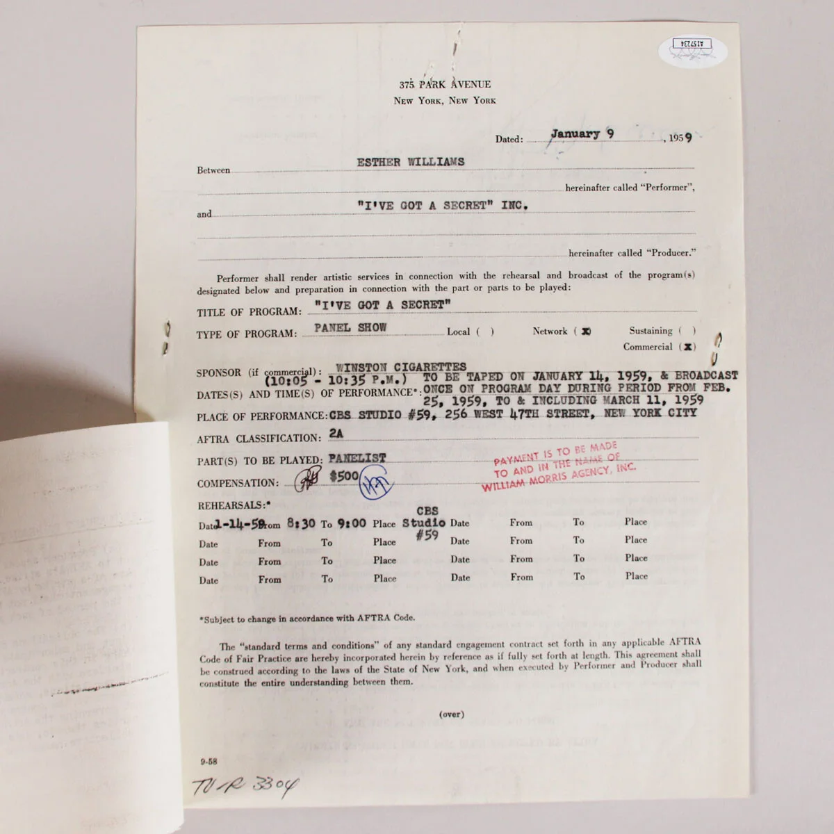 Esther Williams Signed Contract "I've Got a Secret" Television Show - COA JSA, изображение 5