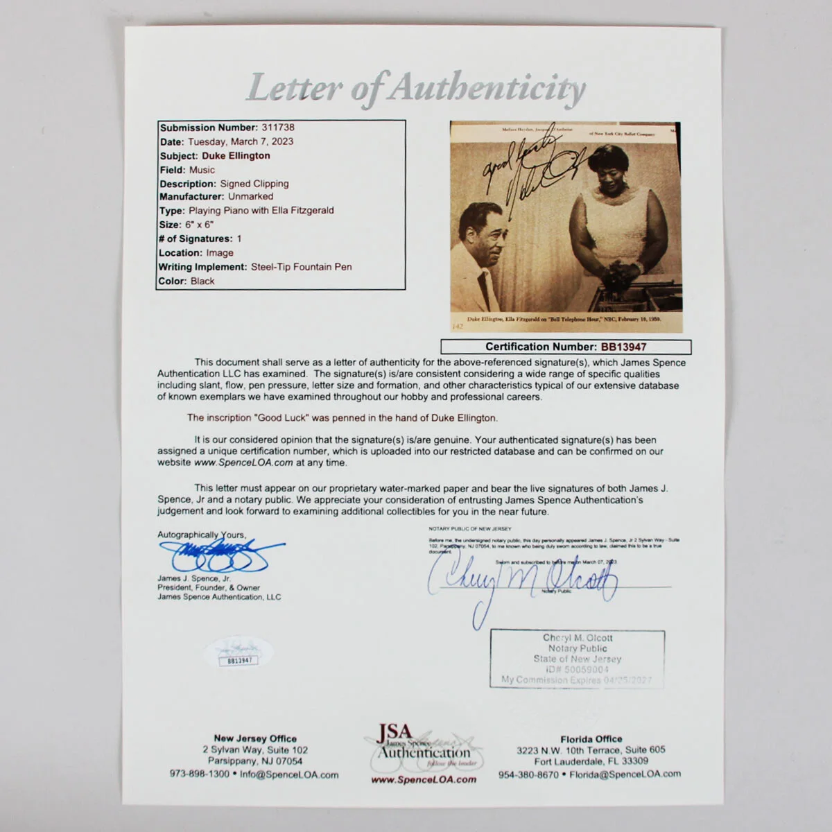 Duke Ellington Signed Photo "Good Luck" - COA JSA, image 4