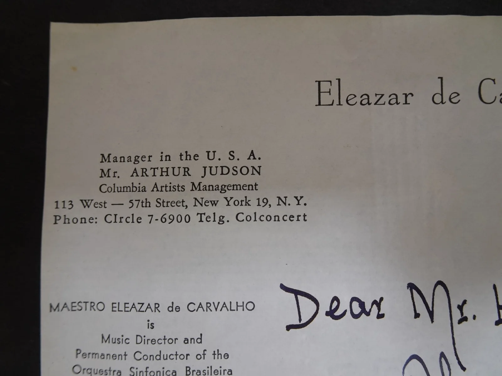Eleazar de Carvalho — Eleazar de Carvalho Brazilian Composer Autograph Letter to Symphony Manager 1961, image 3