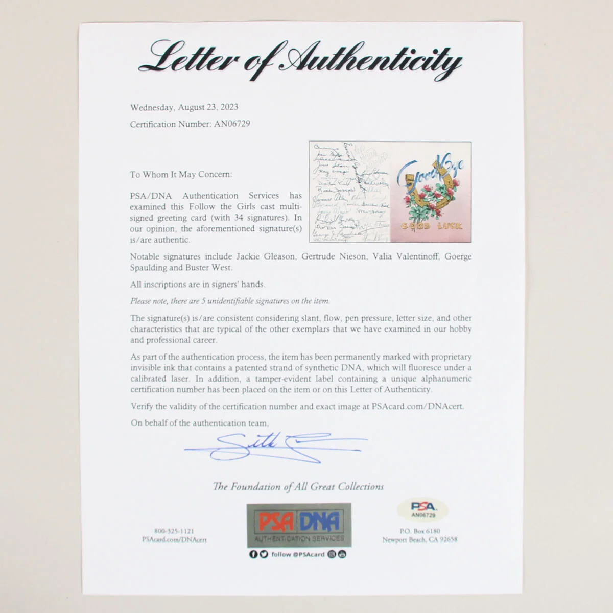 Jackie Gleason Signed Card with Others COA PSA/DNA, image 5