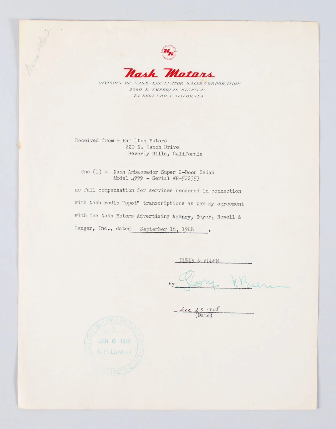 George Burns & Ralph Edwards Signed Letters - COA JSA, image 2