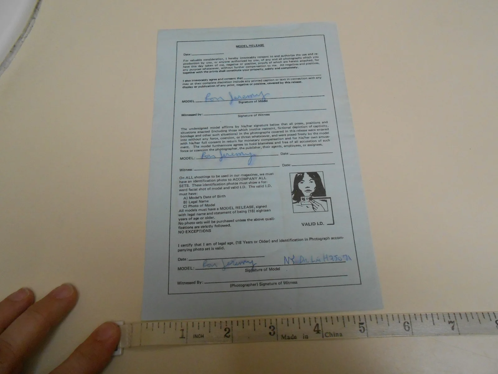 Rare 1 Of A Kind Triple Signed Ron Jeremy Model Release Form, изображение 2